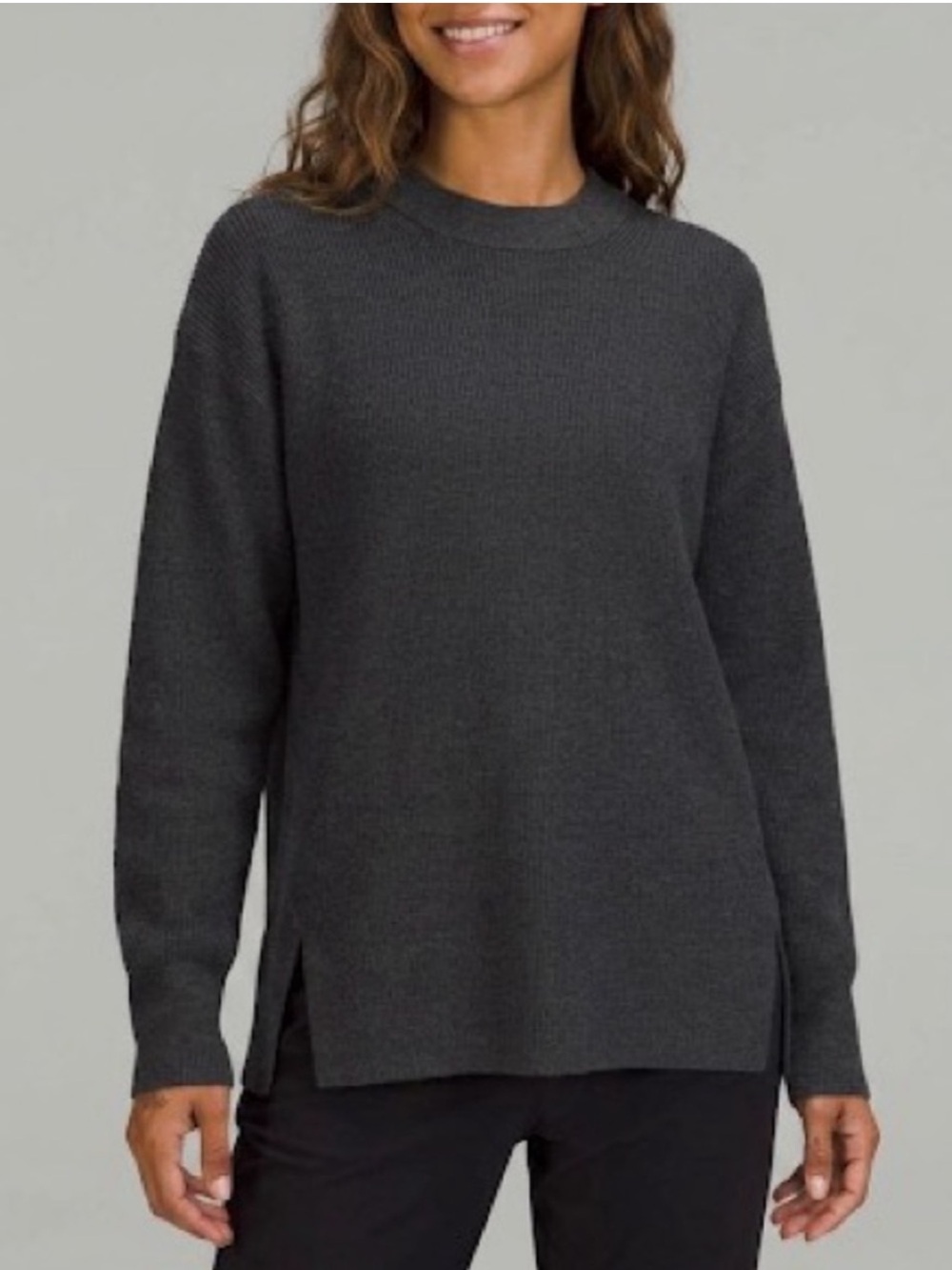 Lululemon Merino Wool Blend Ribbed Crewneck Sweater Size 4 Grey Heathered  Black